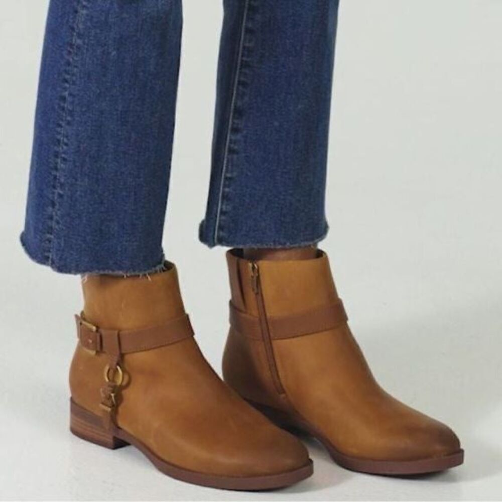 Vionic $190 Rhiannon Equestrian Ankle Boots Cognac Nubuck Leather Buckle Detail